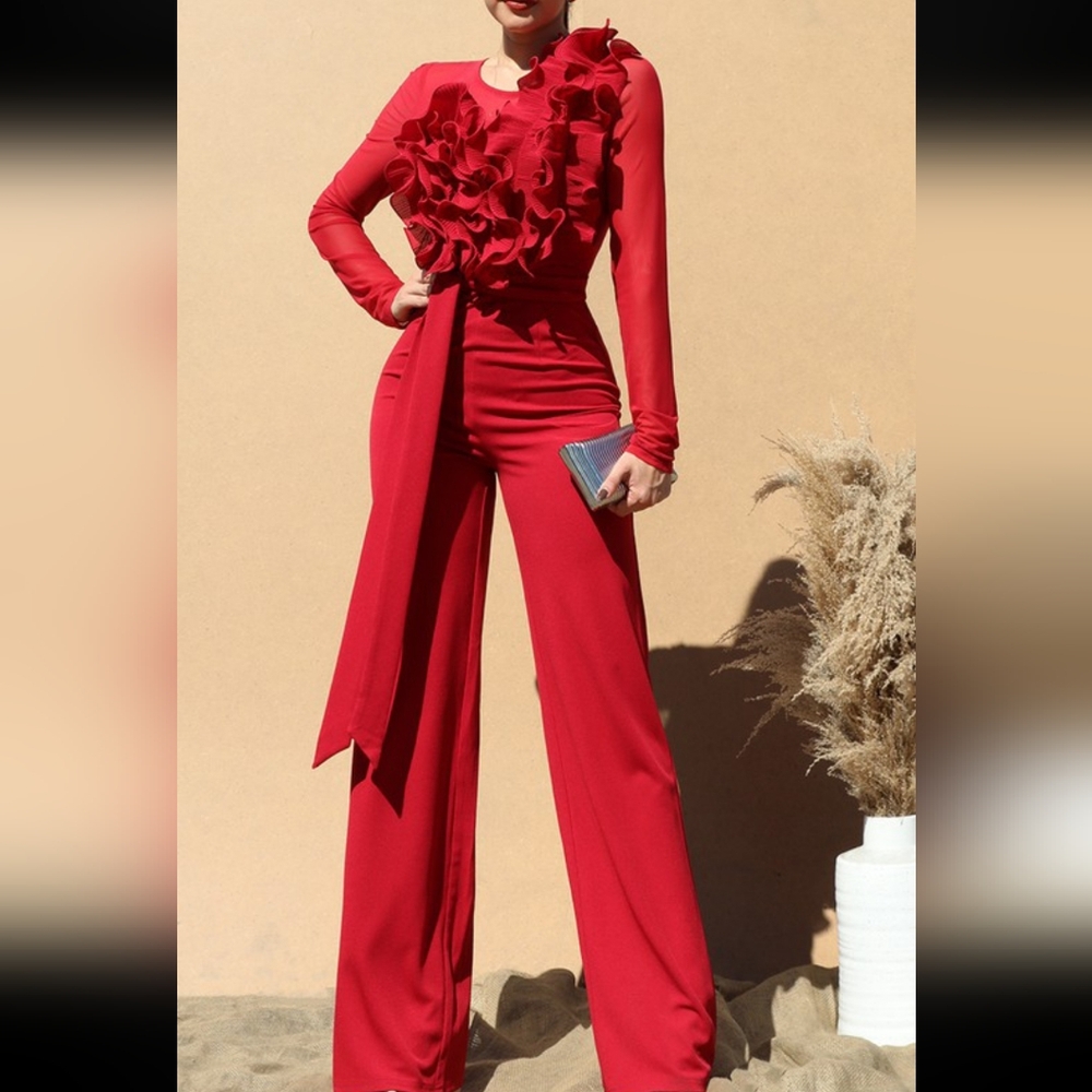 Red statement jumpsuit with front ruffle